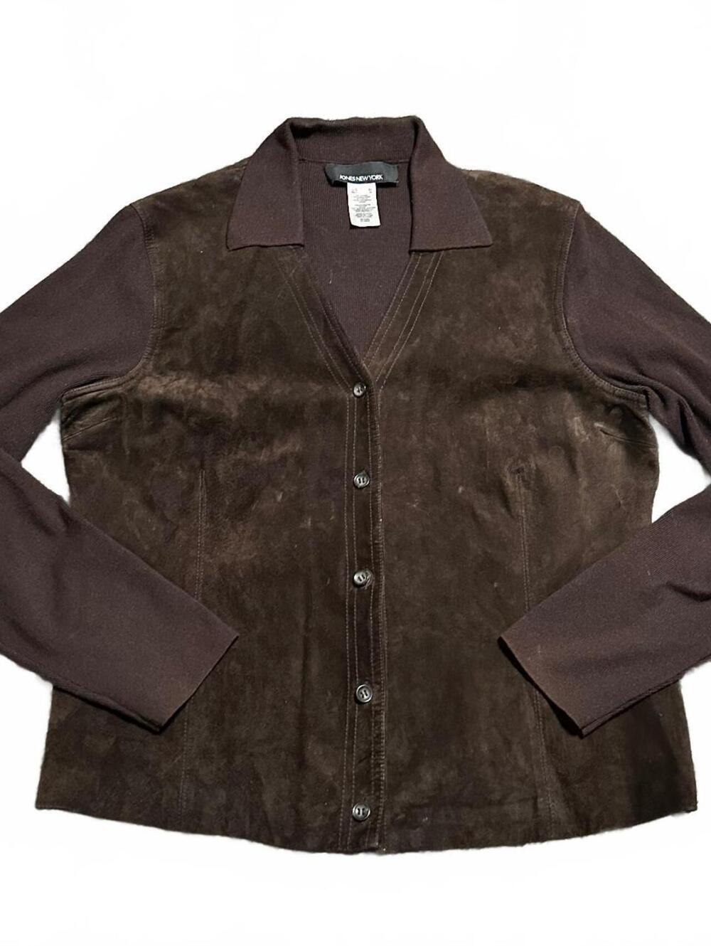 Vintage Jones New York Brown Leather Jacket With Ribbed Cotton Sleeves and Back